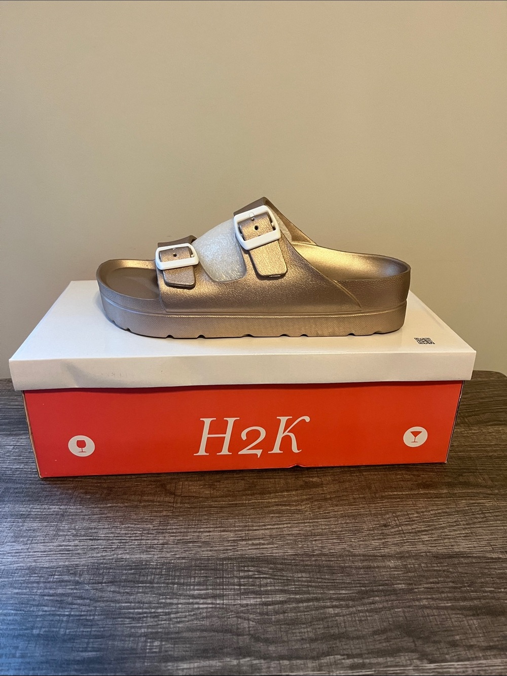 H2K Buddy II Champagne Double Buckle Platform Slide Sandals Comfort Slides